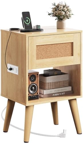 WLIVE Rattan Nightstand with Charging Station, Boho Night Stand, Small Bedroom Side Table, End Table with Drawer and Storage, Wood Bedside Tables for Bedroom, Small Spaces, Natural Oak