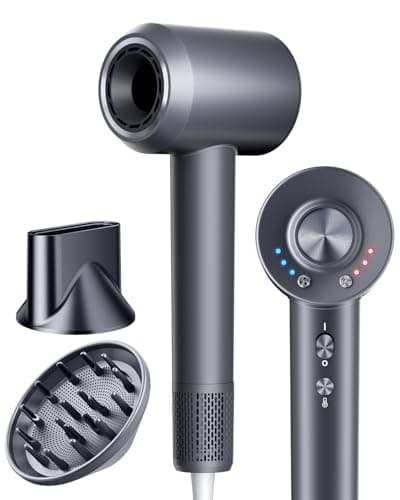 KVINEEN Hair Dryer with Diffuser, Blow Dryer with 160000 RPM Brushless Motor & Negative Ions for Fast Drying, Advanced Heat Control to Prevent Damage, Low-Noise Design, Self-Clean, Gray-1 Pack