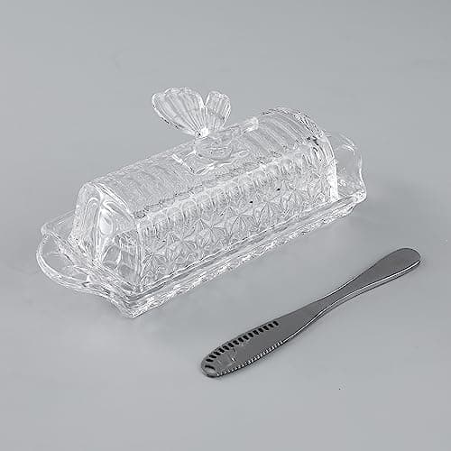 HOWOK Glass Butter Dish with Lid and Stainless Steel Butter Knife, Butterfly Handle Thick Cover, Butter Holder, 8.1”x 2.6”