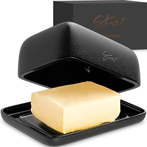 STEINZEIT Butter Dish with Lid (4.9 in x 6.9 in) - Ceramic Butter Dish - Large Butter Container for 2 pcs of Western Butter - Butter Dish with Lid for Countertop - Butter Holder Dishwasher Safe