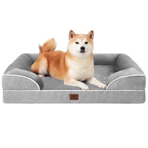 EHEYCIGA Orthopedic Dog Beds for Large Dogs, Waterproof Memory Foam Large Pet Bed with Sides, Non-Slip Bottom and Egg-Crate Foam Dog Couch Bed with Washable Removable Cover, Grey