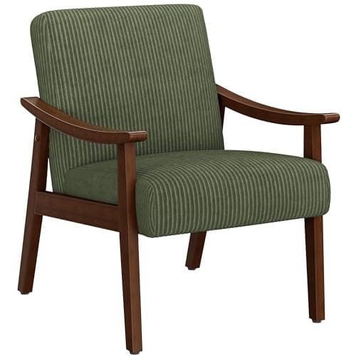 Yaheetech Corduroy Accent Chair, Mid-Century Modern Armchair with Solid Wood Legs, Reading Leisure Chair with High Back for Living Room Bedroom Waiting Room Dark Green