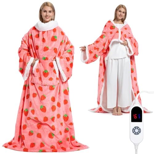 Wearable Heated Blanket for Women, Unique Christmas Birthday Gift for Wife, Electric Throw Blanket with Sleeves, Foot Pocket, Heated Robe for Mom, 3 Heat-Level & Timer, ETL Safe, Strawberry Red