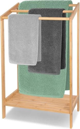 FoverOne Bamboo Towel Rack for Bathroom, 3 Tier Floor Freestanding Towel Holder Organizer with Bottom Storage Shelf for Hand Towels, Small Bath Towel and Bathrobe