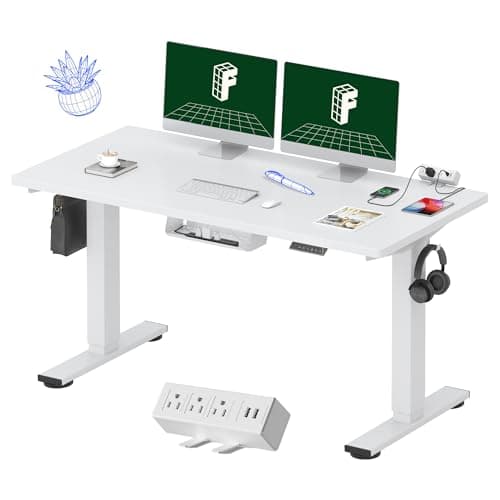FLEXISPOT EN2 Whole-Piece Standing Desk with Clamp Power Strip, 55 x 28 Electric Stand Up Height Adjustable Desk with Cable Management (White Frame + 55" White Top,2 Packages)