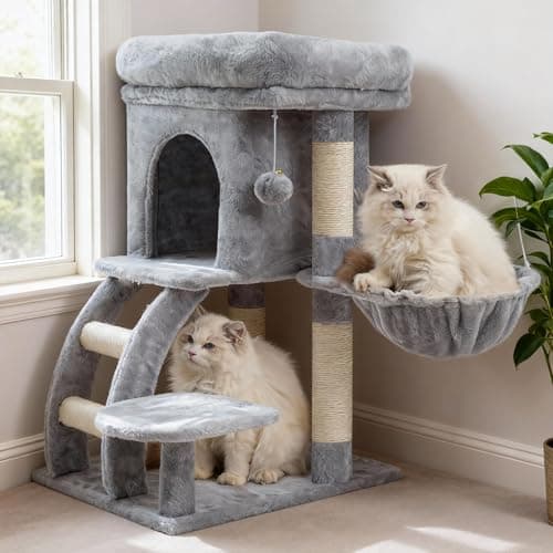Heybly Cat Tree Tower, Cat condo for Indoor Kittens, Cat House with Wide Plush Top Perch, Ladder, Basket, Sisal-Covered Scratching Posts, Cozy Activity Center for pet, Light Gray HCT009SW