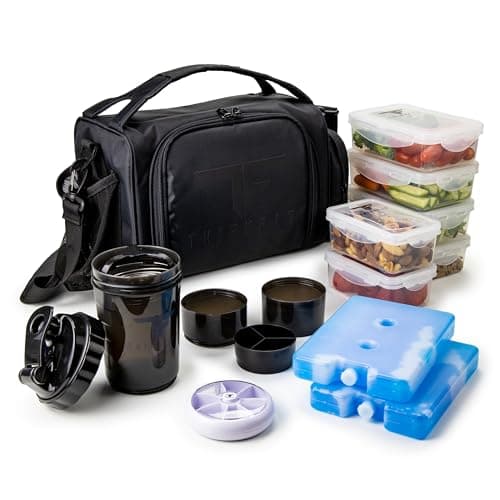 ThinkFit Insulated Meal Prep Lunch Box with 6 BPA-Free, Reusable, Microwavable, Freezer Safe Food Portion-Control Containers, Shaker Cup, Pill Organizer, Lunch Bag with Storage Pocket - (Black)