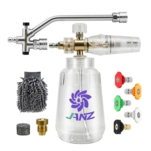 JANZ Foam Cannon for Pressure Washer, Adjustable Snow Foam Lance with 1/4 Inch Quick Connector, 1 Liter Bottle, 5 Pressure Washer Nozzle Tips, Car Wash Mitt, Replaceable Orifice Nozzle and Foam Maker