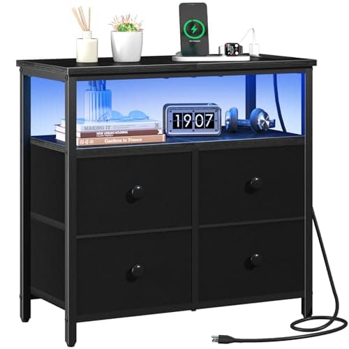 Yoobure Night Stand with Charge Station, Nightstand with 4 Drawers Bedside Table, LED Dresser with Storage Shelf, Night Stands for Bedroom, Side Table 3-Tier Wood End Table for Home, Office Black