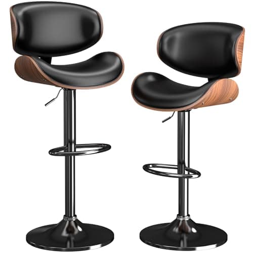 Swivel Bar Stools Set of 2, Adjustable Barstools for Kitchen Island, Modern PU Leather Bar Chairs, Ergonomic Counter Height Stools with Back Support and Footrest, for Bar, Kitchen, Dining Room (Black)
