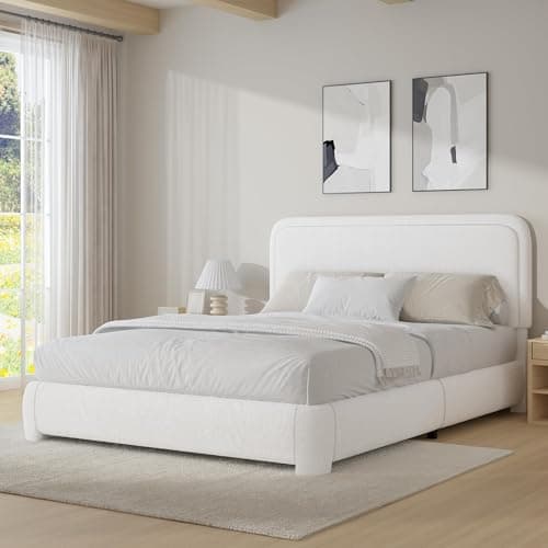 BarnFurin Full Size Bed Frame,Cloud Boucle Upholstered Platform Bed Frame with Headboard, Soft Rounded Corners, No Box Spring Required, Non-Slip and Noise-Free, Easy Assembly, White