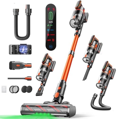 Fieety Cordless Vacuum Cleaner, 600W/50KPa/65Min Runtime Stick Vacuum with 3.3Ft Hose, Wall Mount Charging, Auto Mode, Touchscreen, Self-Standing Vacuum Cleaner for Home/Pet Hair/Carpet/Car, Fragrance