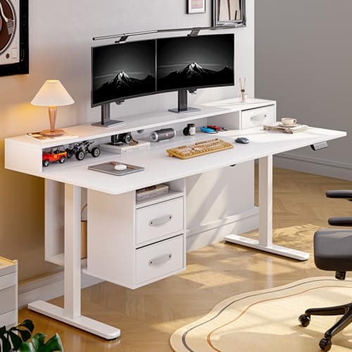 ONBRILL Standing Desk with Drawers, 63x24 Inch Electric Stand Up Desk with 3 Drawers and Open Storage Shelf, Adjustable Height 28-46 Inches for Home and Computer Workstation, White