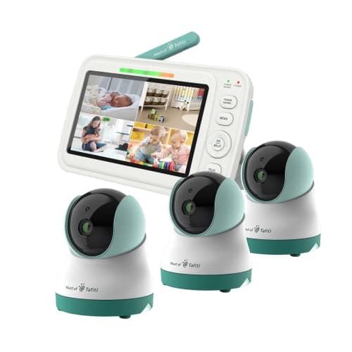 Heart of Tafiti Low EMF 720P HD Baby Monitor with Three Cameras, 5" Quad View Split Screen, Pan-Tilt-Zoom, No WiFi, VOX/Voice Activation, Long Battery Life, Lullaby, Night Vision and Thermal Sensor