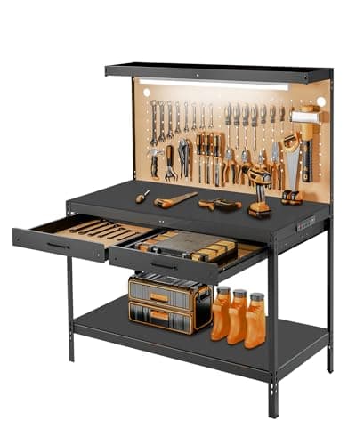 Pterying Work Benches for Garage, Heavy Duty Workbench with Drawers, Lights, Pegboard & 12 Hooks,60OLBS Capacity, Suitable for Tool Organizers and Storage, for Garage, Workshop, Basement,Garden