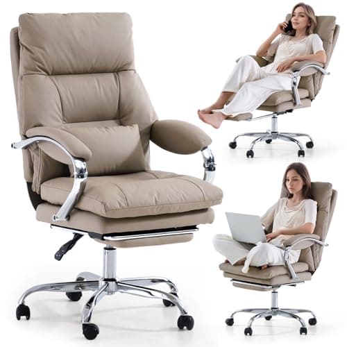 LEAGOO Office Chair with Foot Rest, Ergonomic Executive Office Chair with Arms, Reclining High Back PU Leather Comfy Swivel Computer Desk Chairs with Wheels and Lumbar Support for Home Office, Khaki