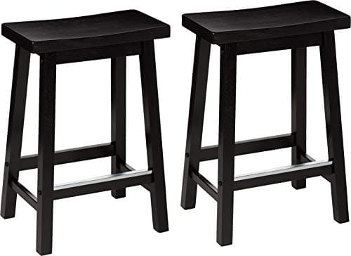 Amazon Basics Solid Wood Saddle-Seat Counter Height Bar Stools for Kitchen Island with Footrest, 24-Inch Height, Black, Set of 2