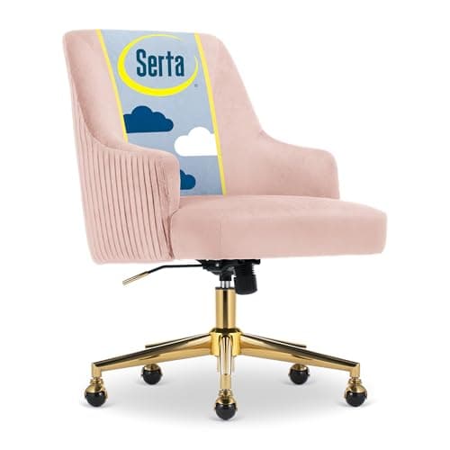 Serta Scarlett Modern Office Chair, Pleated and Curved Mid-Back Desk Chair, Pocket Coil Seat Cushion, Padded Armrests, Vanity Armchair with Wheels, Swivel Gold Base, Pink Velvet Fabric