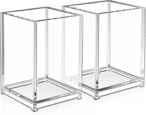 MaxGear Pen Holder 2 Pack Clear Acrylic Pencil Organizer, Desk Cups for Pens, Pencils, Toothbrushes, Straws, Makeup Brushes & More - Office, School & Home Accessories