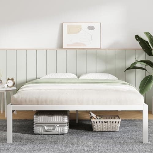 Novilla Full Size Bed Frame Without Headboard, Metal Platform Bed Frame, Heavy Duty, No Box Spring Needed, Wood Slat Support, Easy Assembly, White