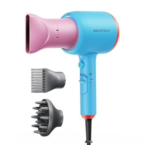 Wavytalk Hair Dryer with Diffuser, Blown Away Ionic Hair Dryer for Curly Hair with Comb, 1875W Fast Drying Blow Dryer with Ceramic Technology, 3 Attachments for All Hair Types, Light and Quiet, Poppa
