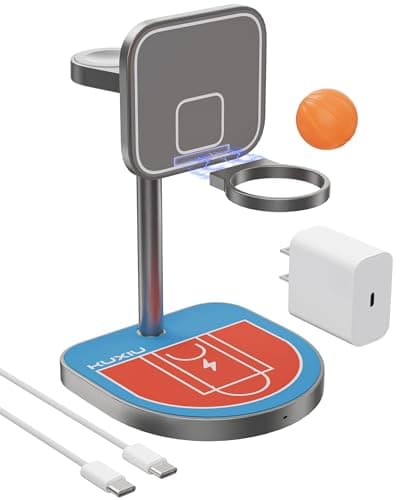 3-Point Power 3 in 1 Charging Station for Apple, KU XIU X85 Aluminum Alloy Magnetic Wireless Charger with Mini Basketball & Hoop for iPhone 17/16/15/14/13/12, 5W for Apple Watch, AirPods, Red & Blue