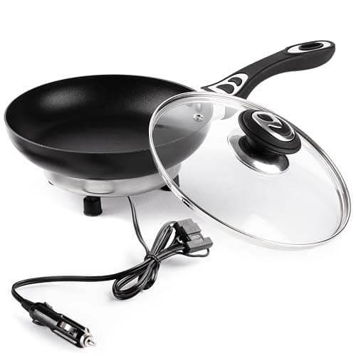 ZONETECH 12V Frying Pan with Glass Lid Portable Non-Stick 7.5-inch Stay-Cool Handles, Rapid Heat Up, Perfect For Camping, Picnic and more