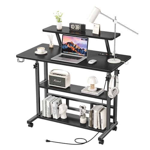 Adjustable Height Standing Desk with Power Outlets, Rolling Stand Up Desk with Monitor Stand and Storage Shelves, 31.5" Small Mobile Computer Desk, Portable Laptop Table (Black with Monitor Stand)