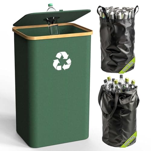 Pakusane Recycling Bin for Kitchen Indoor Home, Large 100L/ 26 Gallon Recycle Bin with Lid Removeable Reusable Inner Bag Bottle Can Glass Waste Plastice Stickers (Green, 26 Gallon)