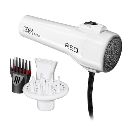 Red by KISS HandleLess Blow Dryer 2200W Ceramic Tourmaline White Color, 3 Heat Settings, Pik and Diffuser Included Comfortable Grip, Ionic for Frizz-Free Shine, Detangler & Straightening