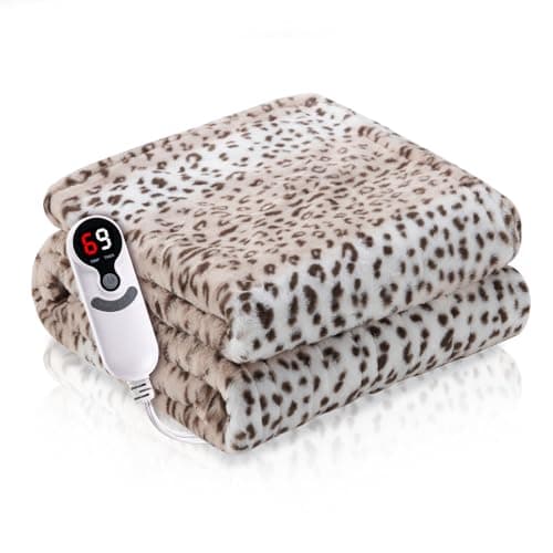 RALYSUN Heated Electric Blanket 62"x84" Twin Size Luxury Faux Fur to Flannel Reversible with 6 Heating Levels & 10 Hours Auto-Off Overheating Protection-Leopard