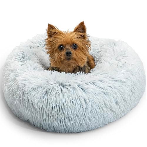 Best Friends by Sheri Original Calming Donut Dog and Cat Bed, Shag Faux Fur, Frost Gray, XS (18in x 18in) - Anxiety Relief for Pets Up to 10 lbs