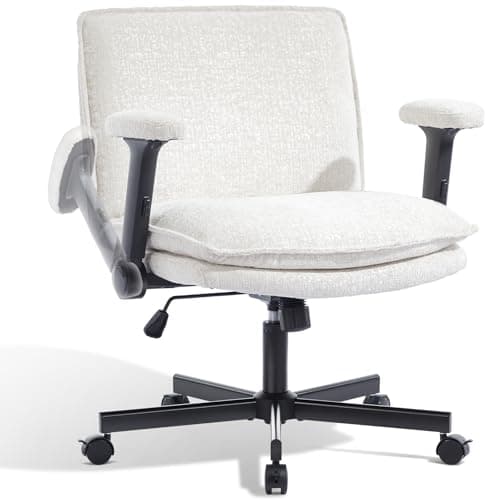 Morkprism Criss Cross Chair with Flip-Up Arms and Lockable Wheels, Plush Fabric Cross Legged Office Desk Chair,Wider 125°Tilting Adjustable Swivel Chai r for Home, Apartment, Bedroom,Pearl White