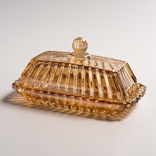 Champagne Color Glass Butter Dish with Lid, Covered Butter Stick Holder Tray, Crystal Glass Butter Storage Container for Kitchen Countertop