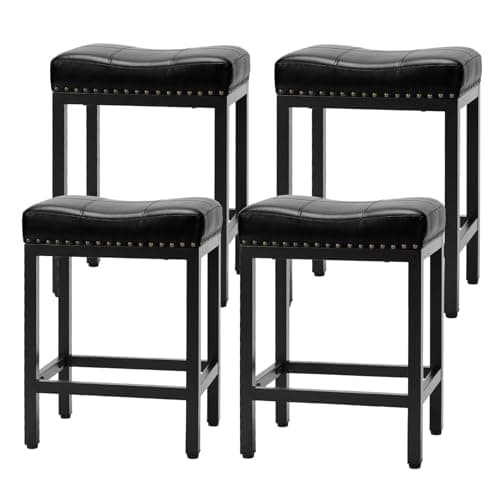 Sweetcrispy Bar Stools Set of 4,24 inch Counter Height Saddle Stools, Upholstered Modern Kitchen Barstools with Metal Base, PU Leather for Kitchen Island, Bar, Black