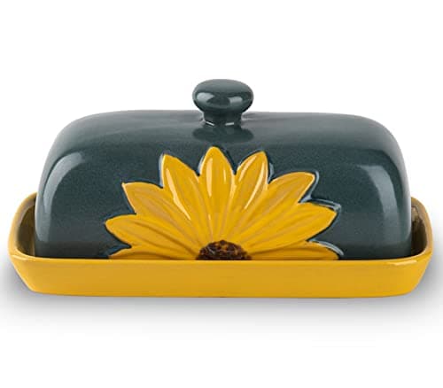 Butter Dish With Lid For Countertop Ceramic Butter Keeper Sunflower Butter Container Butter Holder Tray Large Covered Farmhouse