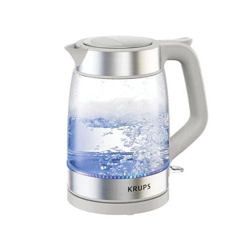 KRUPS Electric Kettle, 1.8-Qt (1.7L) Tea Kettle, 1500W with LED indicator, Hot Water Boiler, Auto Shut-off, Rapid 80-Second Cup Boiling, Safe Boil-dry Protection, Water Heater, Glass Carafe, Grey
