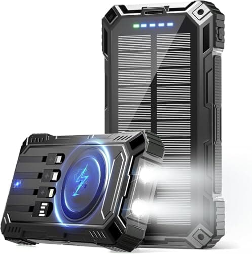 jskei Power Bank 49800mAh Solar Portable Charger Wireless Charging USB-C 15W Fast Charging with 4 Built-in Cables LED Flashlight Battery Pack Compatible with iPhone, iPad, Perfect for Camping,Hiking