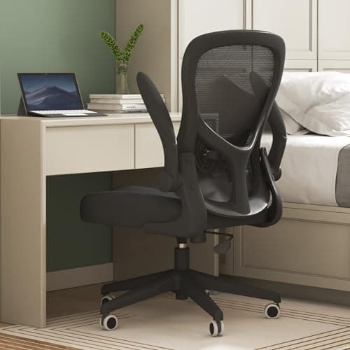 Hbada Office Chair Ergonomic Desk Chair, Office Chairs with PU Silent Wheels, Breathable Mesh Computer Chair with Adjustable Lumbar Support, Flip-up Armrests, Tilt Function, Black