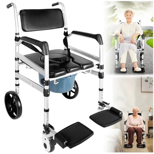 Jhkopqe Shower Chair with Wheels, 4 in 1 Bedside Commode Chair with Padded Seat & Flip-Up Removable Footrests Folding Commode Wheelchair Waterproof Rolling Shower Chair for Disabled Elderly Adult