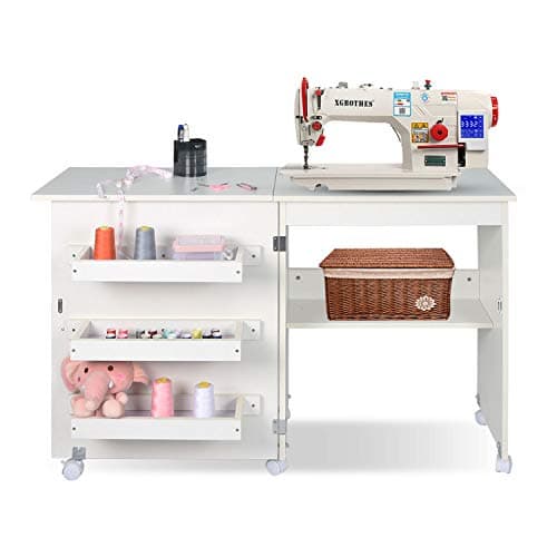 Usinso Folding Sewing Table Multifunctional Sewing Machine Cart Table Sewing Craft Cabinet with Storage Shelves Portable Rolling Sewing Desk Computer Desk with Lockable Casters(White)