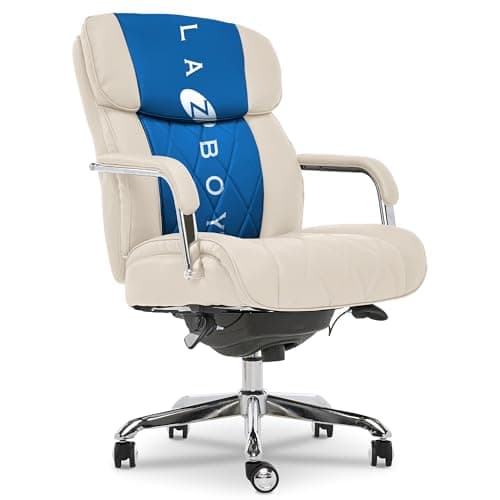 La-Z-Boy Sutherland Quilted Leather Executive Office Chair with Padded Arms, High Back Ergonomic Desk Chair with Lumbar Support, Ivory White Bonded Leather
