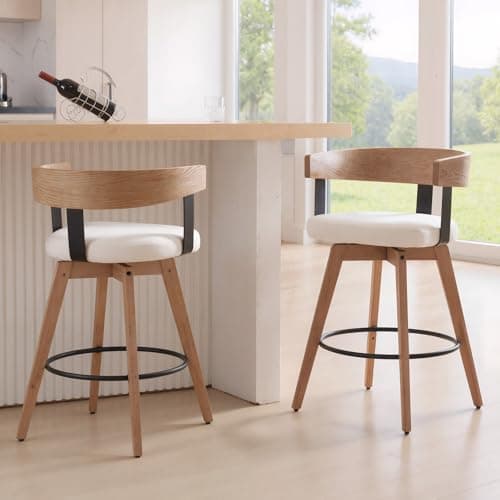 DUOMAY Swivel Bar Stools Set of 2, 26" Counter Height Bar Stool with Footrest Modern Wood Barstools with Linen Upholstered Seat Counter Stools for Kitchen Island Home Bar, White