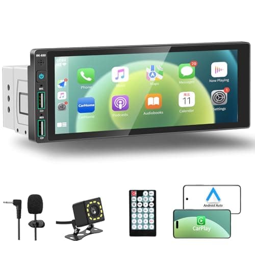 REAKOSOUND 6.9" Single Din Car Stereo with Apple CarPlay & Android Auto, Single Din Touchscreen Radio, Car Stereo with Bluetooth, Backup Camera, GPS Navigation, Mirror Link, FM/AM, EQ, USB, SWC, MIC