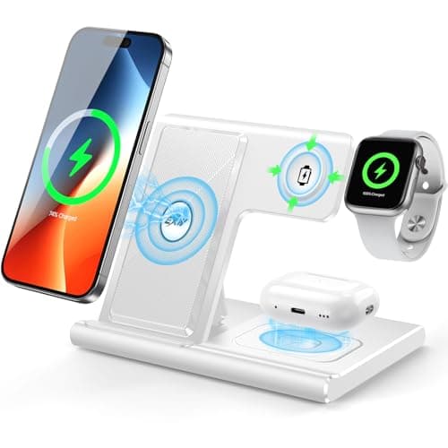 EXW Charging Station, 3 in 1 Charging Station for Apple Devices, Wireless Charger Stand for iPhone 17 Air 16 15 14 13 12 11 Pro Max XR XS 8, Apple Watch and AirPods(18W Adapter Not Included)