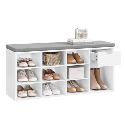 VASAGLE CUSTOS Collection - Storage Bench, Entryway Bench with Cushion, Drawer and Open Compartments, Bench with Storage, Living Room, Bedroom, Closet, White and Gray ULHS24WT