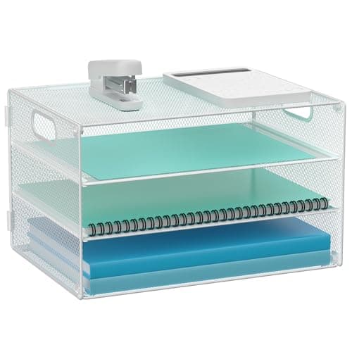 Gawerk 4 Tier Lettrer Tray Organizer with Handle, Mesh Desk Paper Letter Tray Organizer for Office & Home, White