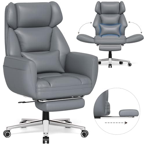GABRYLLY Criss Cross Chair with Footrest, Big and Tall Office Chair - Wide Seat, Reversible Armrests, 120°Tilt, 400LBS Heavy-Duty Executive Leather Chair for Working, Gaming & Meditation, Grey