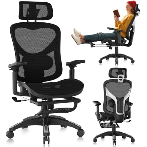 NexHut Ergonomic Office Chair, Mesh Desk Chair with Footrest, Adjustable Lumbar Support, 3D Armrest & Large Headrest, 3-Gear Tilt Recline, Stable Swivel Computer Gaming Chairs for Man Woman