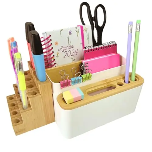 MAXIACCESS Desk Organizer - Polystyrene and Bamboo Desk Organizer with 5 Compartments - Multipurpose Desktop Stationary Organizer for Desk/Office/Art Supplies for Home/Office – White Desktop box